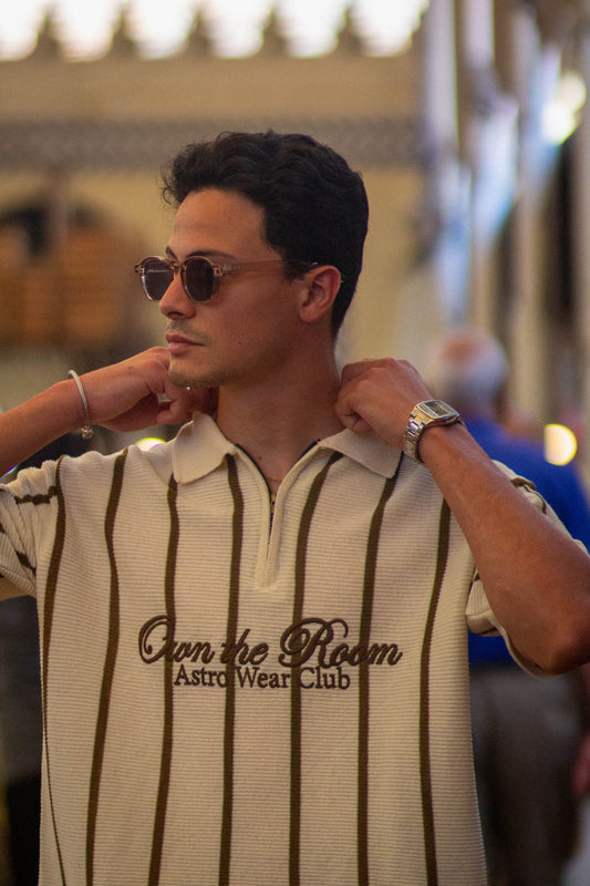 Cream and khaki striped zip-up knit polo shirt