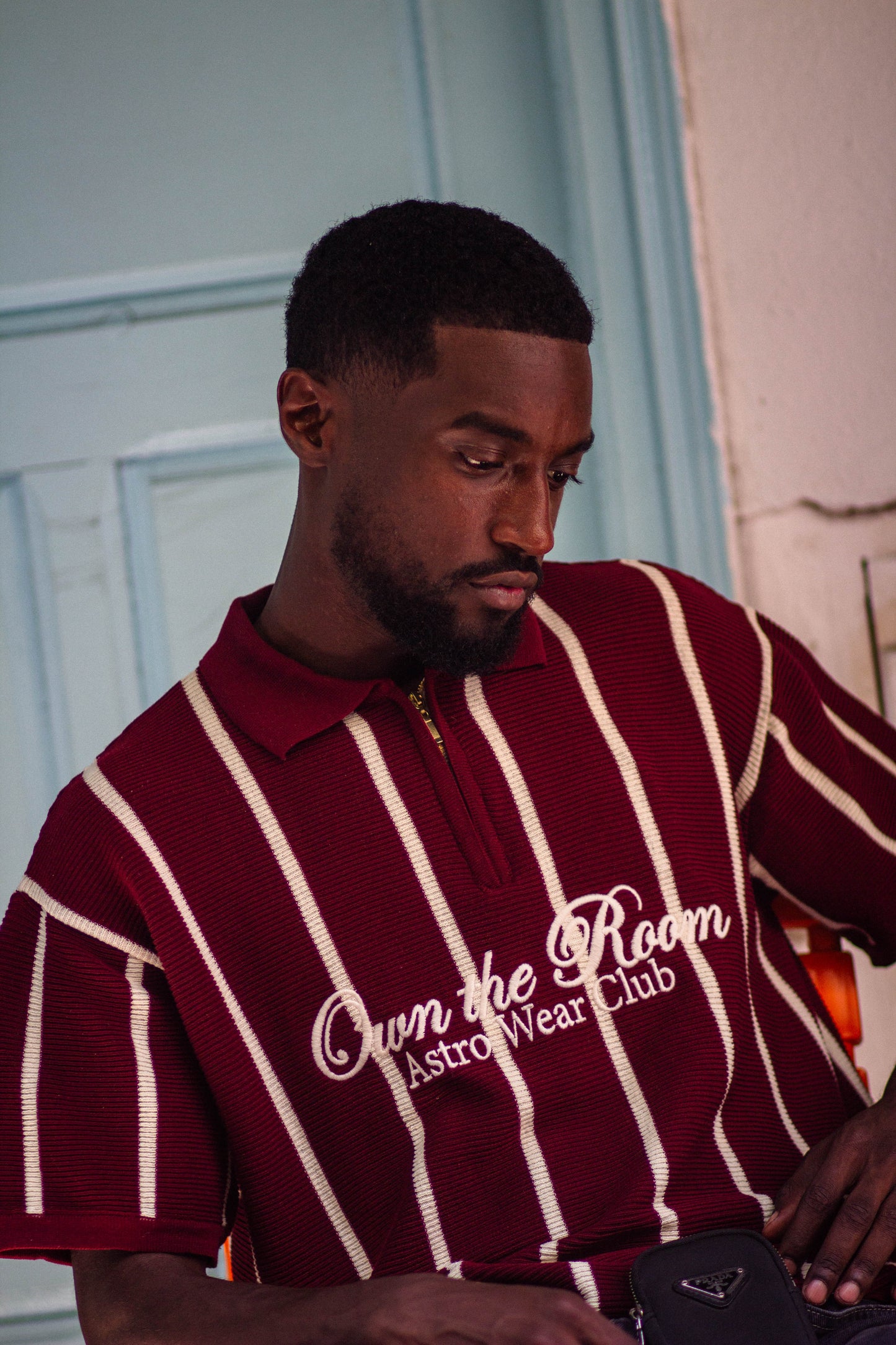 Burgundy striped zip-up knit polo shirt