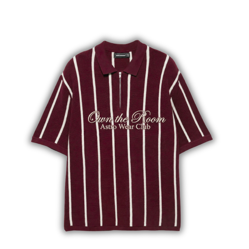 Burgundy striped zip-up knit polo shirt
