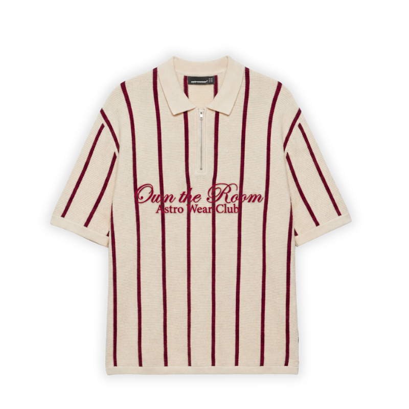 Cream and burgundy striped zip-up knit polo shirt
