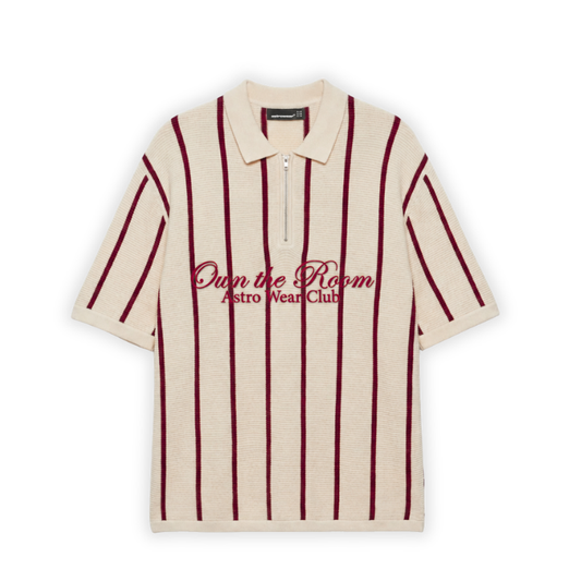 Cream and burgundy striped zip-up knit polo shirt
