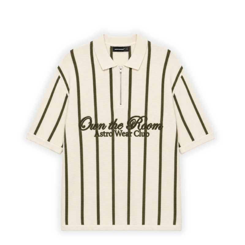 Cream and khaki striped zip-up knit polo shirt