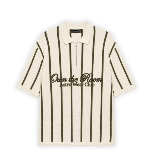 Cream and khaki striped zip-up knit polo shirt