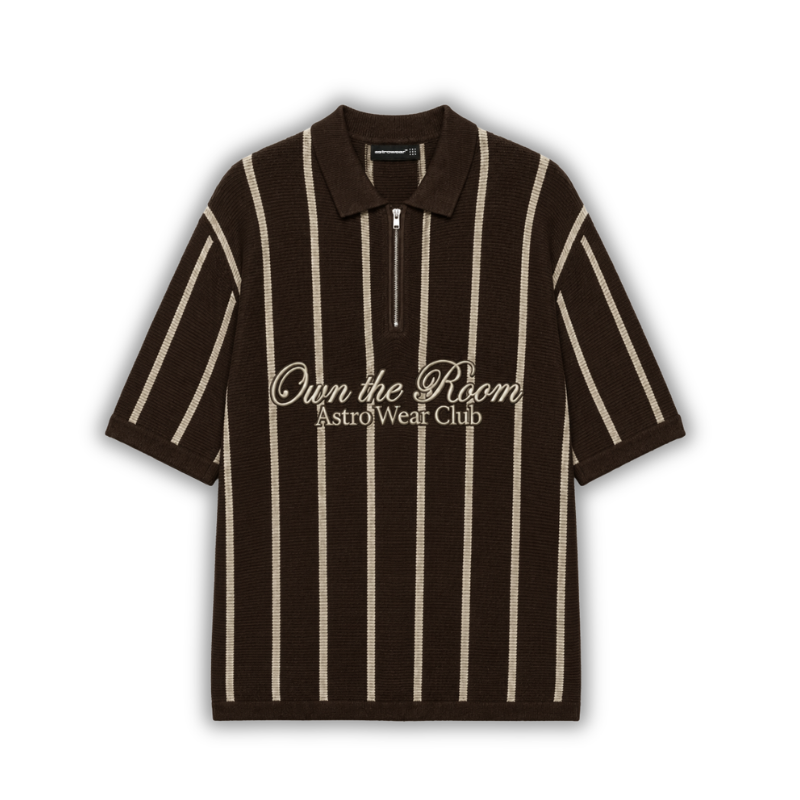 Brown and cream striped zip-up knit polo shirt