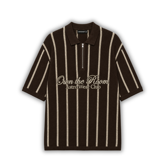 Brown and cream striped zip-up knit polo shirt