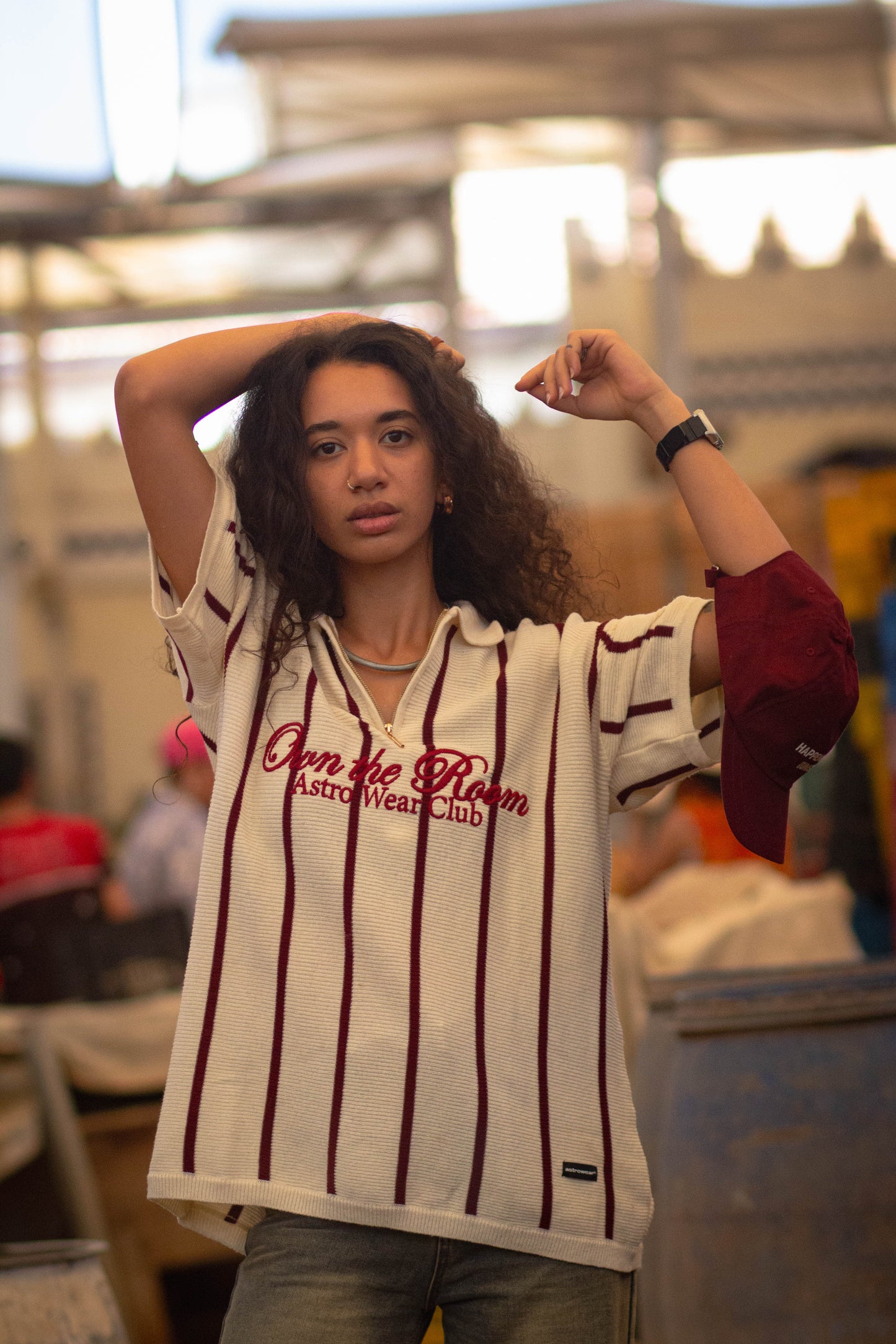 Cream and burgundy striped zip-up knit polo shirt