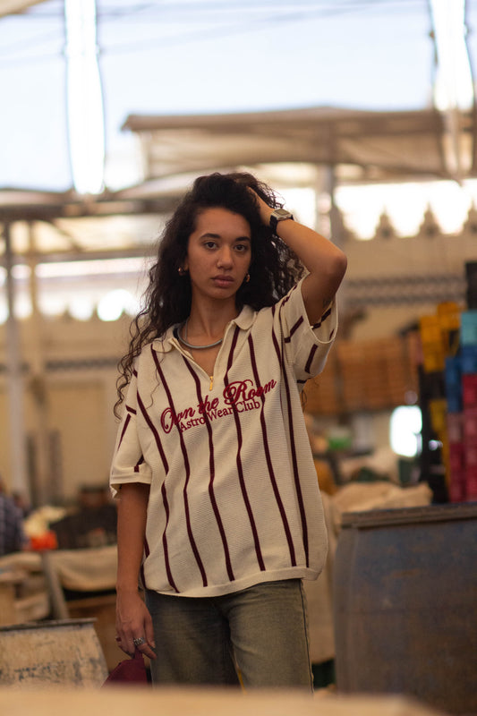 Cream and burgundy striped zip-up knit polo shirt