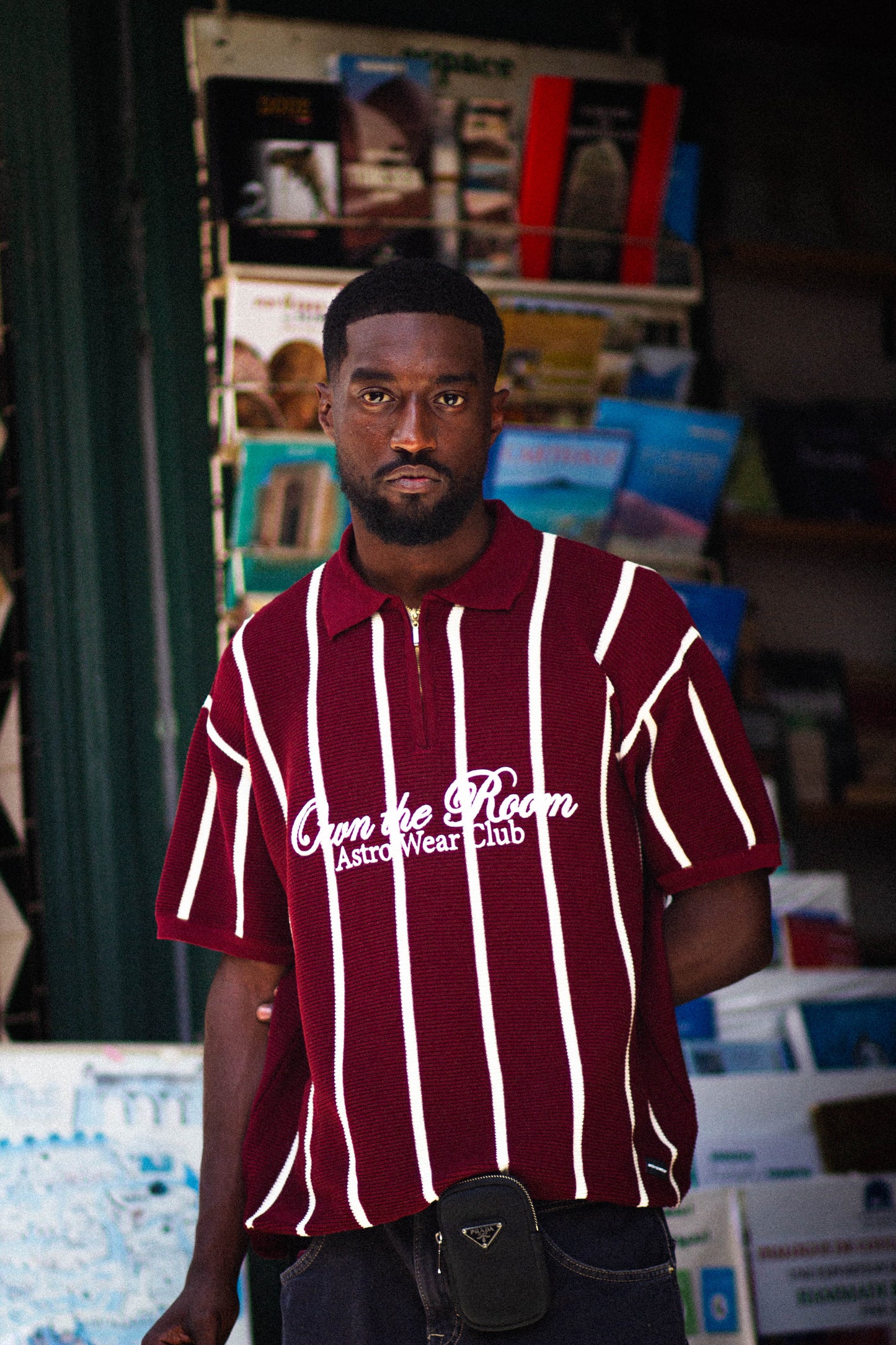 Burgundy striped zip-up knit polo shirt